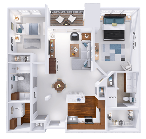Floor plan for 2 beds, 2 baths, 1165 sqft